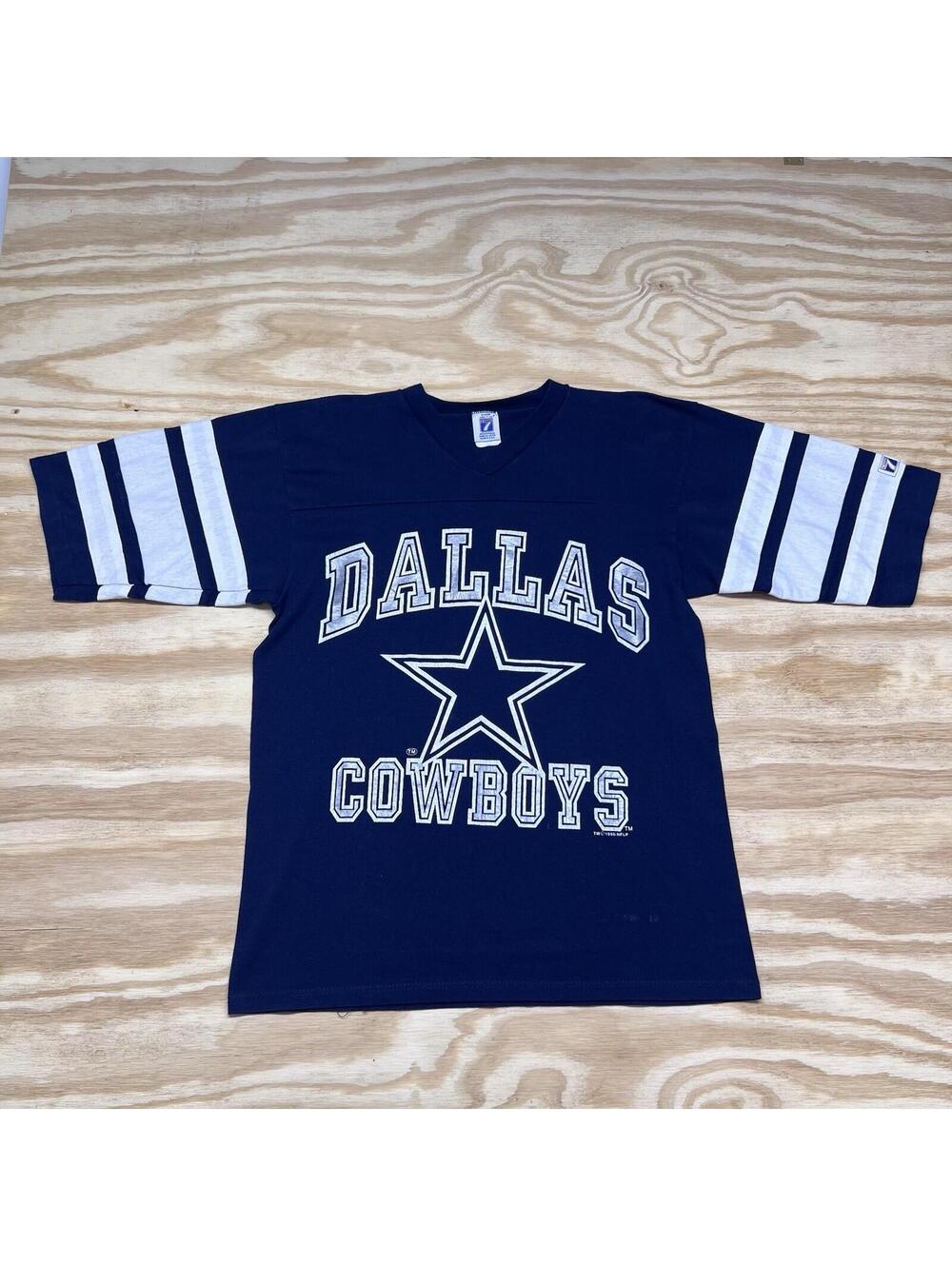Vintage 1990 Logo 7 Dallas Cowboys Football V-neck Striped Navy Blue Tee Sz M